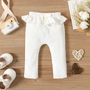 Baby Girl 95% Cotton Rib Knit Ruffle Trim Pants Leggings