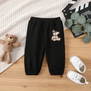 Baby Girl/Boy Plaid Bear Embroidered Waffle Pants #1048554