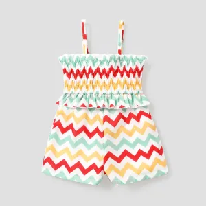 Baby Girl Colorful Chevron Striped Shirred Cami Romper Shorts #803471