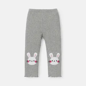 Baby Girl Cotton Rabbit Embroidered Ribbed Elasticized Leggings #234148