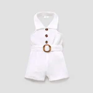 Baby Girl Front Buttons Belted Lapel Neck Strappy Ribbed Rompers #1032630
