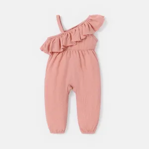 Baby Girl Pink Waffle Textured Ruffled One Shoulder Sleeveless Jumpsuit #884147