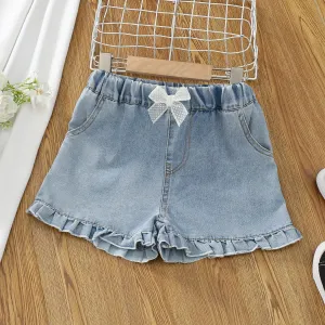 Kid Girl Bow Decor Pockets Ruffle Solid Denim Shorts #1038349