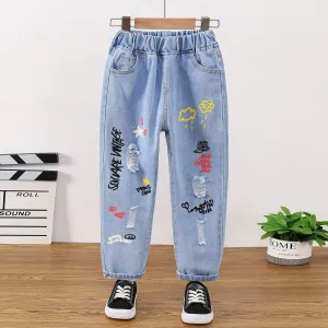 Kid Girl Casual Graffiti Cotton Denim Jeans #1082812