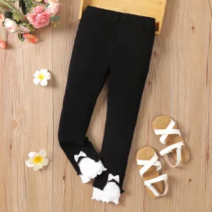 Kid Girl Cotton Ribbed Bow Decor Solid Leggings #1052640