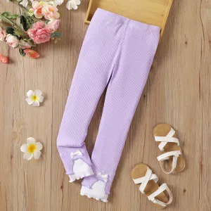 Kid Girl Cotton Ribbed Bow Decor Solid Leggings #1052651