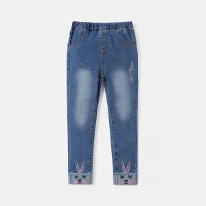 Kid Girl Rabbit Embroidered Elasticized Cotton Denim Jeans #723011