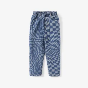 Kid Girl Stylish Irregular Grid Pattern Denim Jeans #1067633