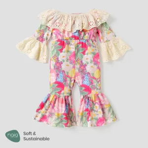 Naiaâ¢ Baby Girl Floral Print Ruffled Off Shoulder Flare-sleeve Bell Bottom Jumpsuit