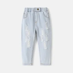Toddler Girl/Boy Elasticized Cotton Ripped Denim Jeans #725424
