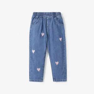 Toddler Girl Heart Embroidered Elasticized Blue Denim Jeans #768398