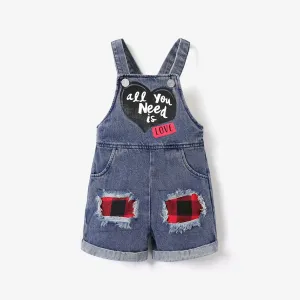Baby Boy/Girl 100% Cotton Letter Print Plaid Ripped Denim Overalls Shorts #228293