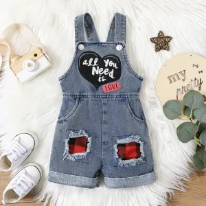 Baby Boy/Girl 100% Cotton Letter Print Plaid Ripped Denim Overalls Shorts #228295