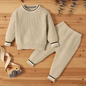 2pcs Solid Stripe Decor Knitted Long-sleeve Baby Set