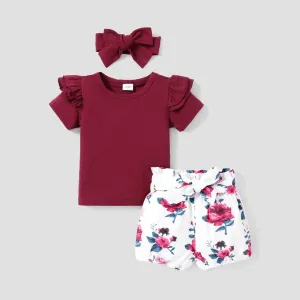 100% Cotton 3pcs Floral Print Short-sleeve Baby Set #783472