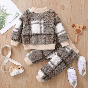 2-piece Baby Boy Plaid Fuzzy Sweatshirt and Pants Casual Set #1103446
