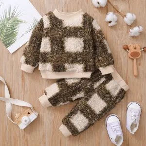 2-piece Baby Boy Plaid Fuzzy Sweatshirt and Pants Casual Set #1103454