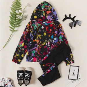 2-piece Kid Boy Painting Print Hoodie and Elasticized Pants Casual Set #1109477