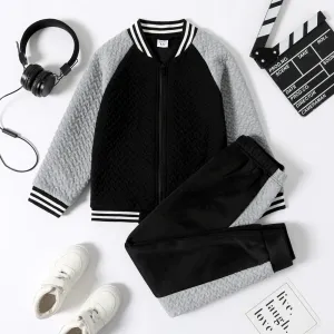 2-piece Kid Boy Textured Colorblock Striped Zipper Bomber Jacket and Pants Casual Set #195651