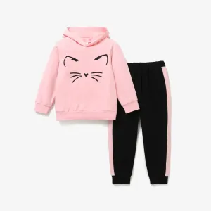 2-piece Kid Girl Animal Cat Print Hoodie Sweatshirt and Colorblock Pants Set #1025995