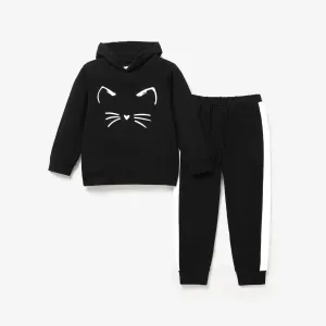 2-piece Kid Girl Animal Cat Print Hoodie Sweatshirt and Colorblock Pants Set #991390