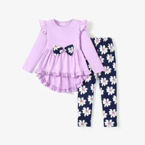 2-piece Kid Girl Bowknot Ruffled Long-sleeves Tee and Flower Allover Print  Pants #1107655