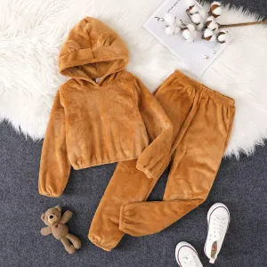 2-piece Kid Girl/Boy Solid color Ear Design Fuzzy Hoodie Sweatshirt and Pants #1073160