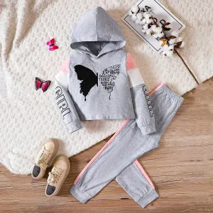 2-piece Kid Girl Butterfly Print Letter Hooded Sweatshirt and Pants Set #1073536