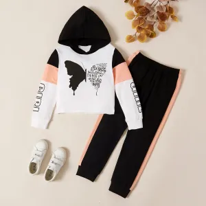 2-piece Kid Girl Butterfly Print Letter Hooded Sweatshirt and Pants Set #190128