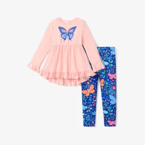 2-piece Kid Girl Butterfly Print Ruffled Hem Long-sleeve Top and Leggings Set #1079957