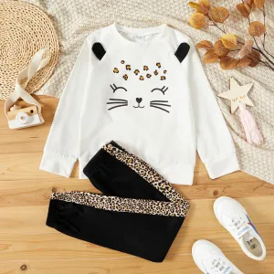 2-piece Kid Girl Cat Print Ear Design White Pullover Sweatshirt and Leopard Print Pants Set #829325