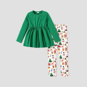 2-piece Kid Girl Christmas print Long-sleeves Tee and Pants Set #1168494