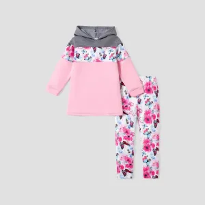 2-piece Kid Girl Floral Print Colorblock Hoodie Sweatshirt and Elasticized Pants Set #1165834