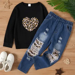 2-piece Kid Girl Leopard Heart Print Black Pullover Sweatshirt and Patchwork Ripped Jeans Denim Pants Set #193155