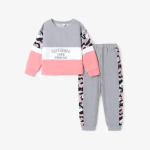 2-piece Kid Girl Letter Camouflage Print Colorblock Long-sleeve Tee and Elasticized Pants Set
