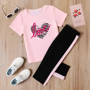 2-piece Kid Girl Letter Heart Print Pink Tee and Colorblock Capri Pants Set