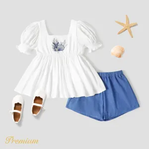 2-piece Kid Girl Scallop Embroidery Square Neck Puff-sleeve Top and Elasticized Waist Solid Shorts Set #917221