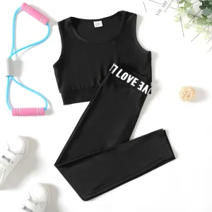 2-piece Kid Girl Solid Color Tank Top and Letter Print Leggings Sporty Set #720022