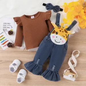 2pc Baby Girl Childlike 3D Giraffe Animal print 95% Cotton Top and Denim Jean Set #1195669