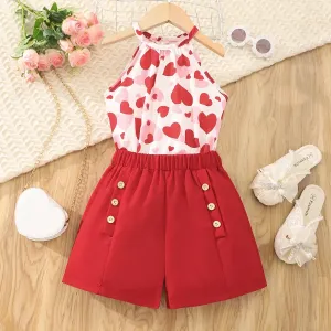 2pc Kid Girl Valentine's Heart-shaped Open Sleeve Sweet Top and Pants Set #1319946