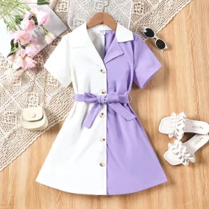 2pc Kid Girl's White Purple Spliced Mid-length Sleeve Windbreaker with Fabric Stitching Shirt Dress #1324322