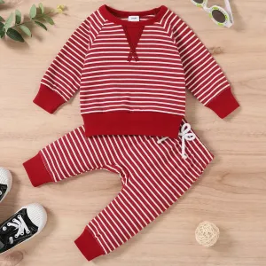 2pcs Baby 95% Cotton Long-sleeve All Over Striped Pullover and Trousers Set #194823