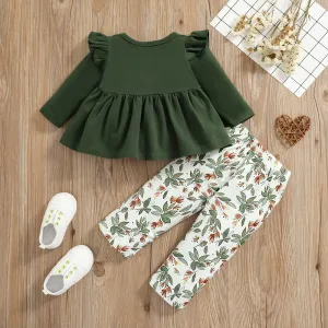 2pcs Baby 95% Cotton Ruffle Long-sleeve Bowknot Top and All Over Leaves Print Trousers Set #194140