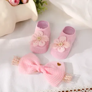 2pcs Baby Bow Decor Lace Headband and Floral Pattern Socks Set #1048680
