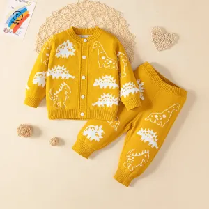 2pcs Baby Boy 100% Cotton Allover Dinosaur Embroidery Buttons Front Long-sleeve Sweater and Pants Set