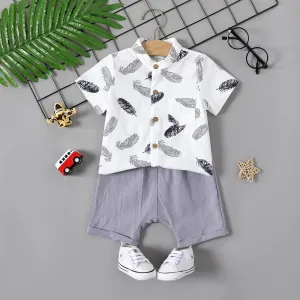 2pcs Baby Boy 100% Cotton Allover Feather Print Short-sleeve Shirt and Solid Shorts Set #899465
