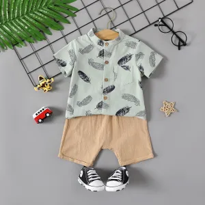 2pcs Baby Boy 100% Cotton Allover Feather Print Short-sleeve Shirt and Solid Shorts Set #899470