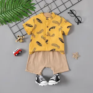 2pcs Baby Boy 100% Cotton Allover Feather Print Short-sleeve Shirt and Solid Shorts Set #899475