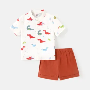 2pcs Baby Boy 100% Cotton Short-sleeve Allover Dinosaur Print Shirt and Solid Shorts Set #733689
