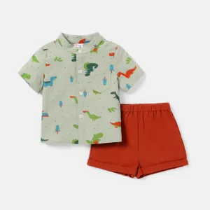 2pcs Baby Boy 100% Cotton Short-sleeve Allover Dinosaur Print Shirt and Solid Shorts Set #733696